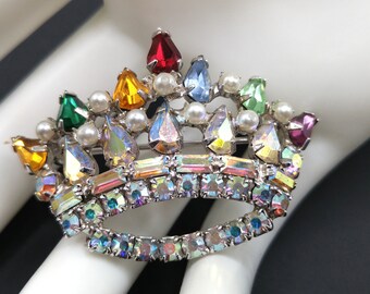 Vintage Yellow Rhinestone Crown Shape Brooch Costume Jewelry