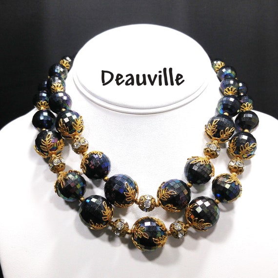 Deauville Lucite Black & Gold Necklace, Two Stran… - image 1
