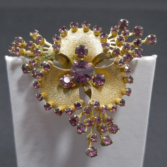 Purple Rhinestone Flower Brooch, Gold Plated, 195… - image 10