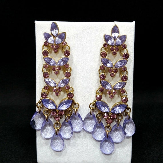 Lavender Purple Rhinestone Chandelier Post Earrin… - image 1