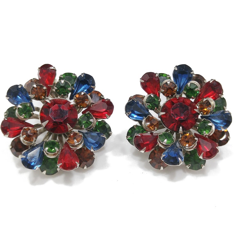 1950s Vintage Jewelry Mid Century Multicolored Rhinestone Earrings