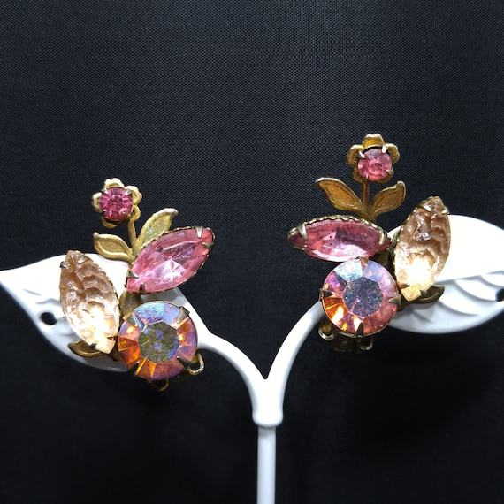 Pink Rhinestone Floral Earrings, Lava Glass, Auro… - image 1