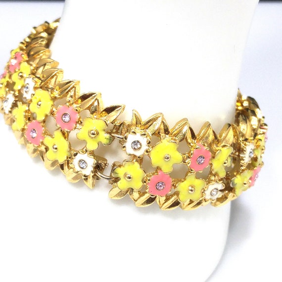 Monet Floral Enamel Bracelet, Pink Yellow & White… - image 6
