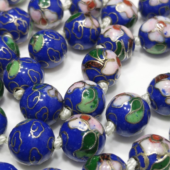 Cloisonne Blue Beaded Necklace, Floral Hand Paint… - image 9