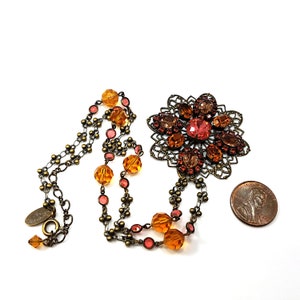 Liz Palacios Crystal Rhinestone Pendant Necklace, Light Topaz Peach Swarovski Crystals, 1990s Vintage Jewelry image 6