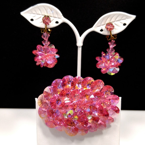 Pink Flat Crystal Brooch & Earrings, Aurora Borea… - image 1