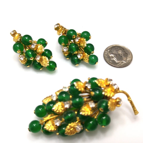Austrian Green Gold Brooch Clip Earrings Set, Gol… - image 3