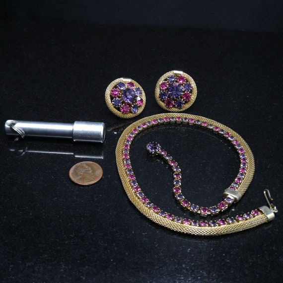 Weiss Mesh Purple Pink Rhinestone Necklace & Earr… - image 6