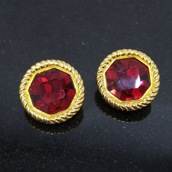 Swarovski Red Crystal Faceted Clip Earrings, Gold… - image 3