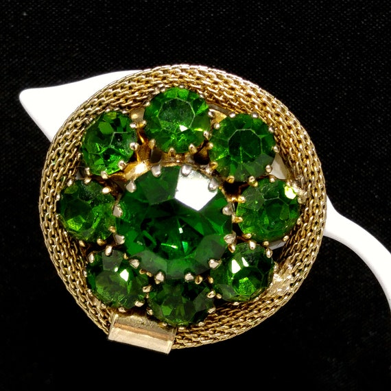 Weiss Green Rhinestone Gold Mesh Earrings, Emeral… - image 2