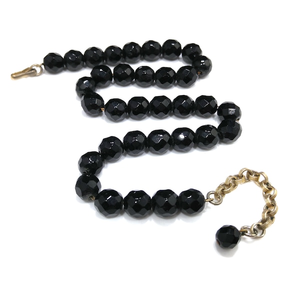 Black Glass Beaded Necklace, Strung on Chain, 10m… - image 1