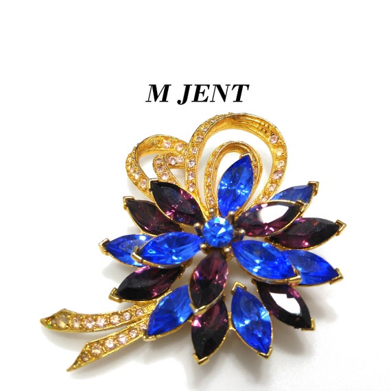 MJENT Blue Purple Rhinestone Floral Brooch, Clear… - image 1