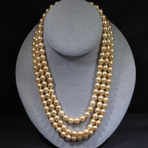 Faux Pearl Champagne Necklace, Three Strands, Gla… - image 5