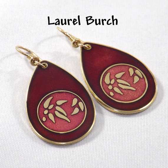 Laurel Burch Red Bamboo Earrings, Gold Plated, 19… - image 1