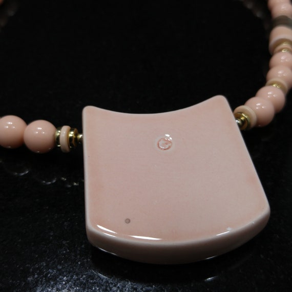 Japan Ceramic Peach & Bronze Pendant Beaded Neckl… - image 9