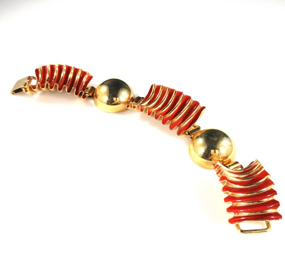 Red Enamel Ribbon Bracelet, Mid Century Modern, G… - image 10