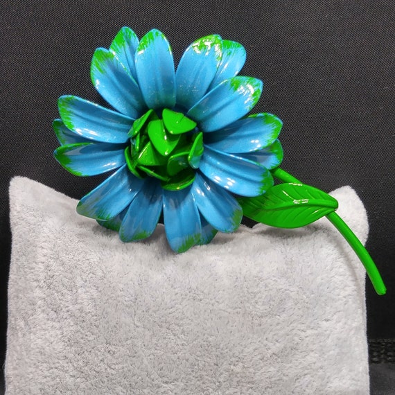 Large Flower Brooch, Blue & Green Enamel on Metal… - image 7