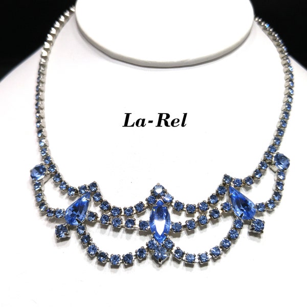 La-Rel Blue Rhinestone Necklace, Mid Century, Rhodium Plated, 1950s Vintage Jewelry