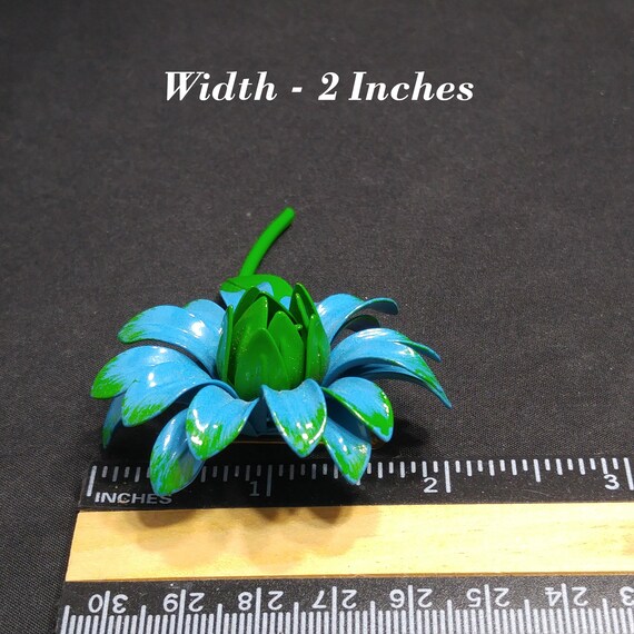 Large Flower Brooch, Blue & Green Enamel on Metal… - image 8