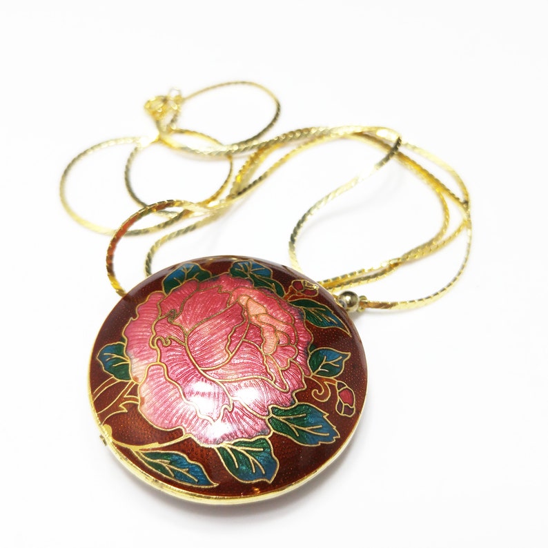 Cloisonne Rose Flower Double Sided Pendant, Gold Tone Long Chain, 1960s Vintage Jewelry image 7