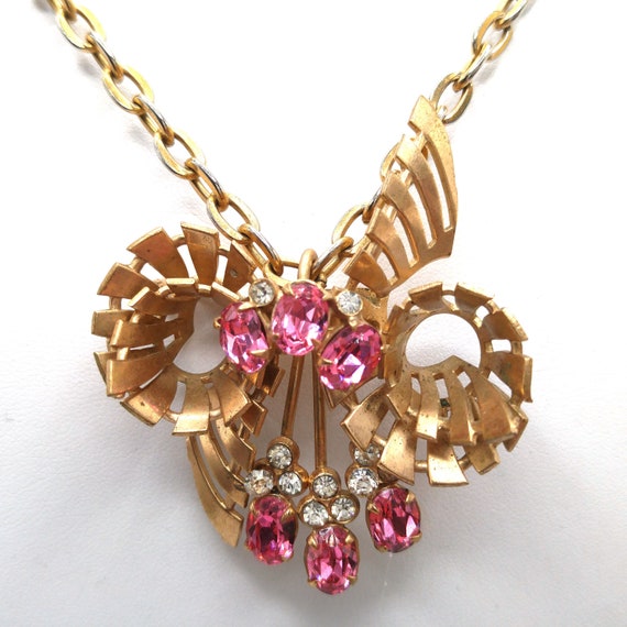 Pink Rhinestone Brooch Pendant Necklace, Gold Plat