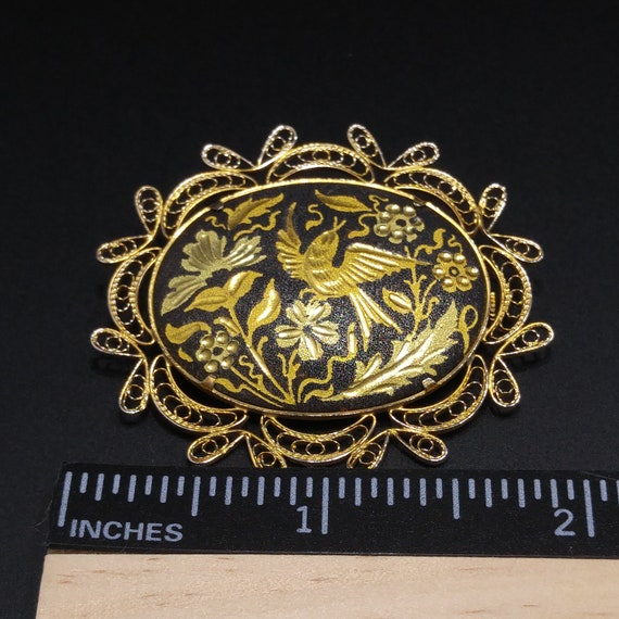 Damascene Filigree Oval Brooch, Flower & Bird Pin… - image 6