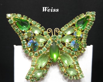 Weiss Peridot Green Rhinestone Butterfly Brooch, Uranium Glass, Gold Plated, 1950s Vintage Jewelry