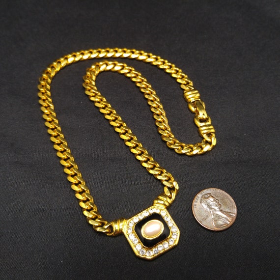 Monet Faux Pearl Black Enamel Pendant Necklace, G… - image 6