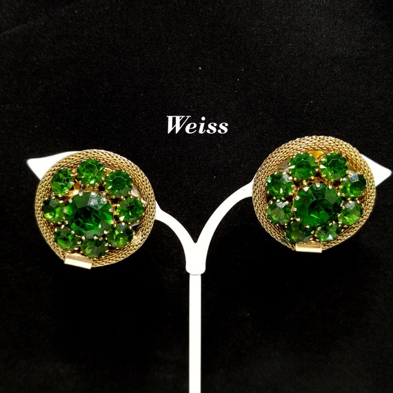 Weiss Green Rhinestone Gold Mesh Earrings, Emeral… - image 1