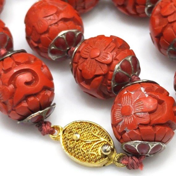 Hand Carved Red Bead Necklace, Chinese Import, Ha… - image 8