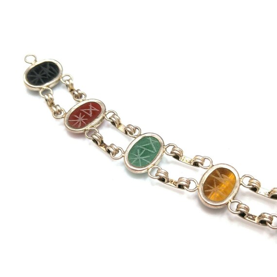 Vintage Silver Gemstone Bracelet,  Carved Scarabs… - image 9