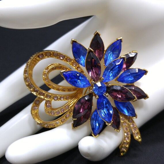 MJENT Blue Purple Rhinestone Floral Brooch, Clear… - image 3