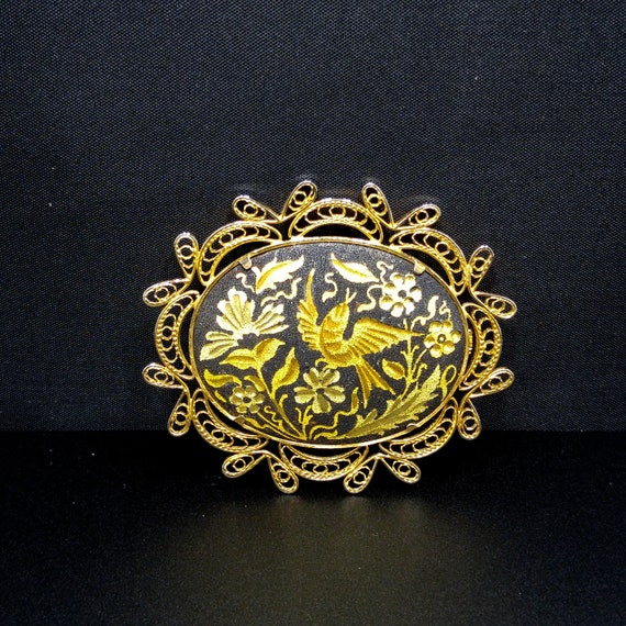 Damascene Filigree Oval Brooch, Flower & Bird Pin… - image 3