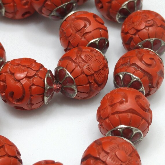 Hand Carved Red Bead Necklace, Chinese Import, Ha… - image 9