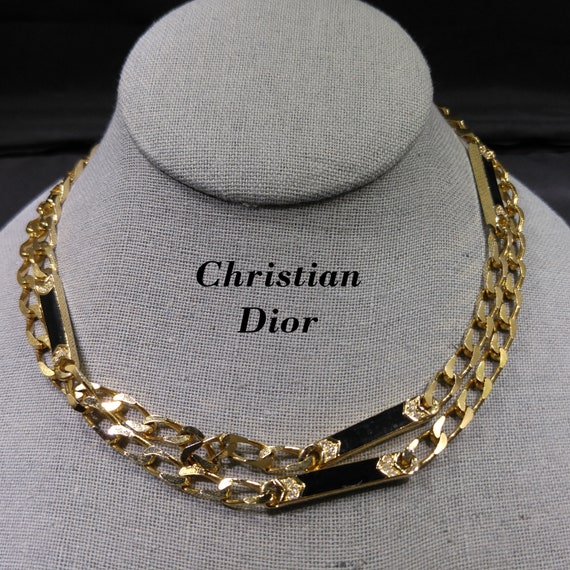 Black Enamel Necklace Clear Rhinestones 