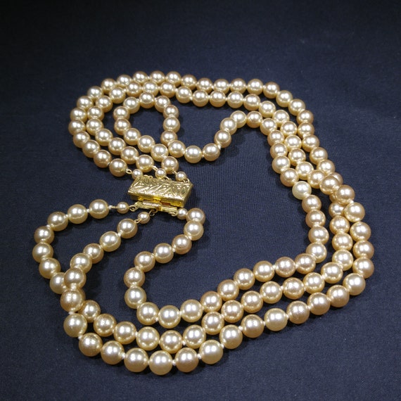 Faux Pearl Champagne Necklace, Three Strands, Gla… - image 1