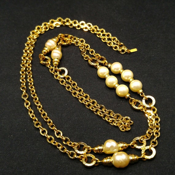 Monet Long Chain Necklace, Faux Baroque & Round P… - image 6