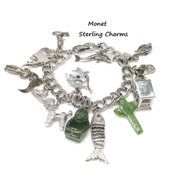 Monet Charm Bracelet, Sterling Gemstone Charms, 1… - image 1