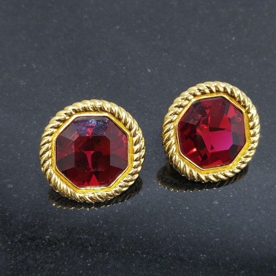 Swarovski Red Crystal Faceted Clip Earrings, Gold… - image 9