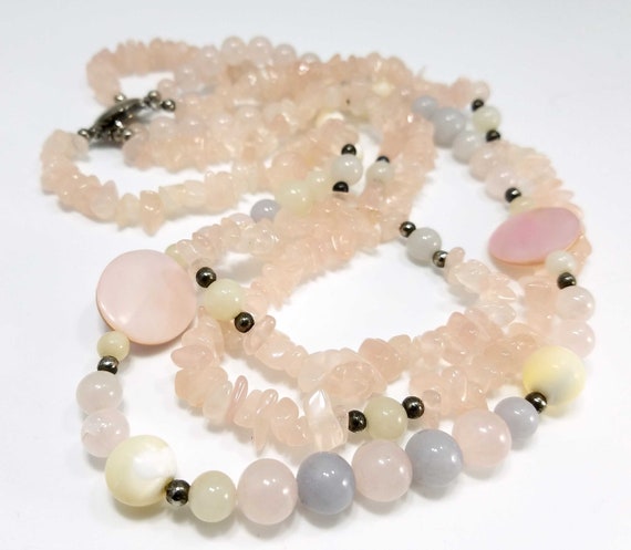 Gemstone Beaded Necklace, Rose Quartz, Mother of … - image 3