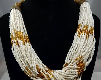 Vintage Seed Bead Multi-Strand Choker Necklace,  White & Gold,  1980s Vintage Jewelry