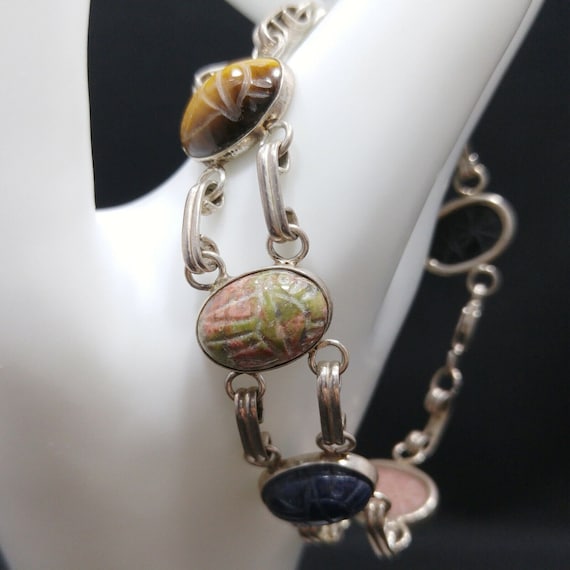 Vintage Silver Gemstone Bracelet,  Carved Scarabs… - image 2