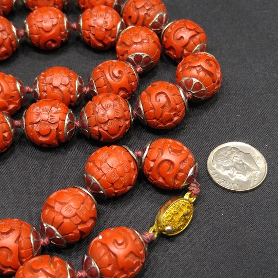 Hand Carved Red Bead Necklace, Chinese Import, Ha… - image 4