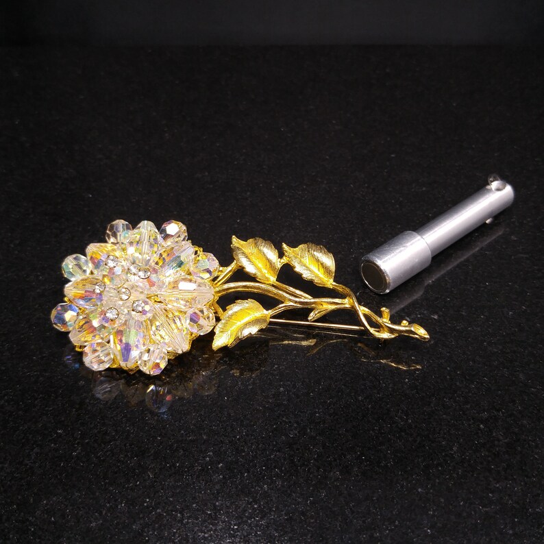 1960s Vintage Jewelry Austrian Crystal Beaded Flower Brooch Gold Tone