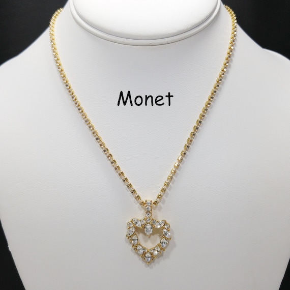 Monet Rhinestone Heart Necklace, Rhinestone Chain… - image 1