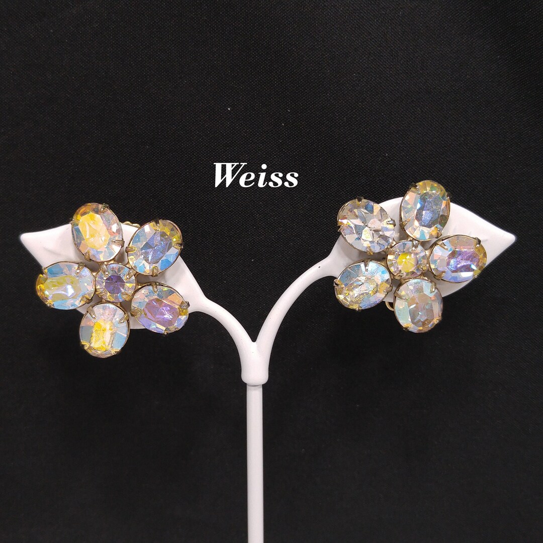 Weiss Aurora Borealis Clear Rhinestone Earrings, Flower Clip Earrings