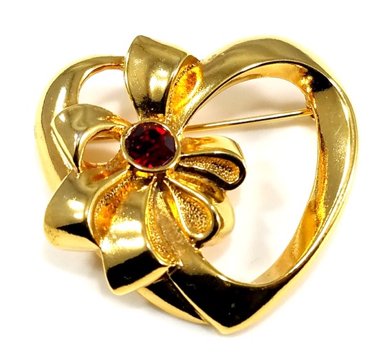 Vintage Avon Brooch Pin, Heart Shaped Bow Garnet Red … - Gem