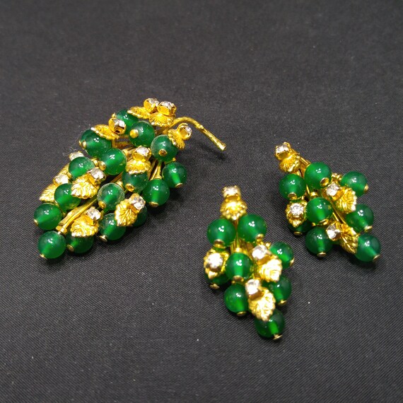 Austrian Green Gold Brooch Clip Earrings Set, Gol… - image 8
