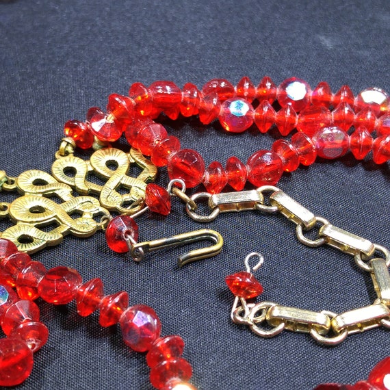 Czech Red Glass Beaded Necklace & Earrings, Fire … - image 8