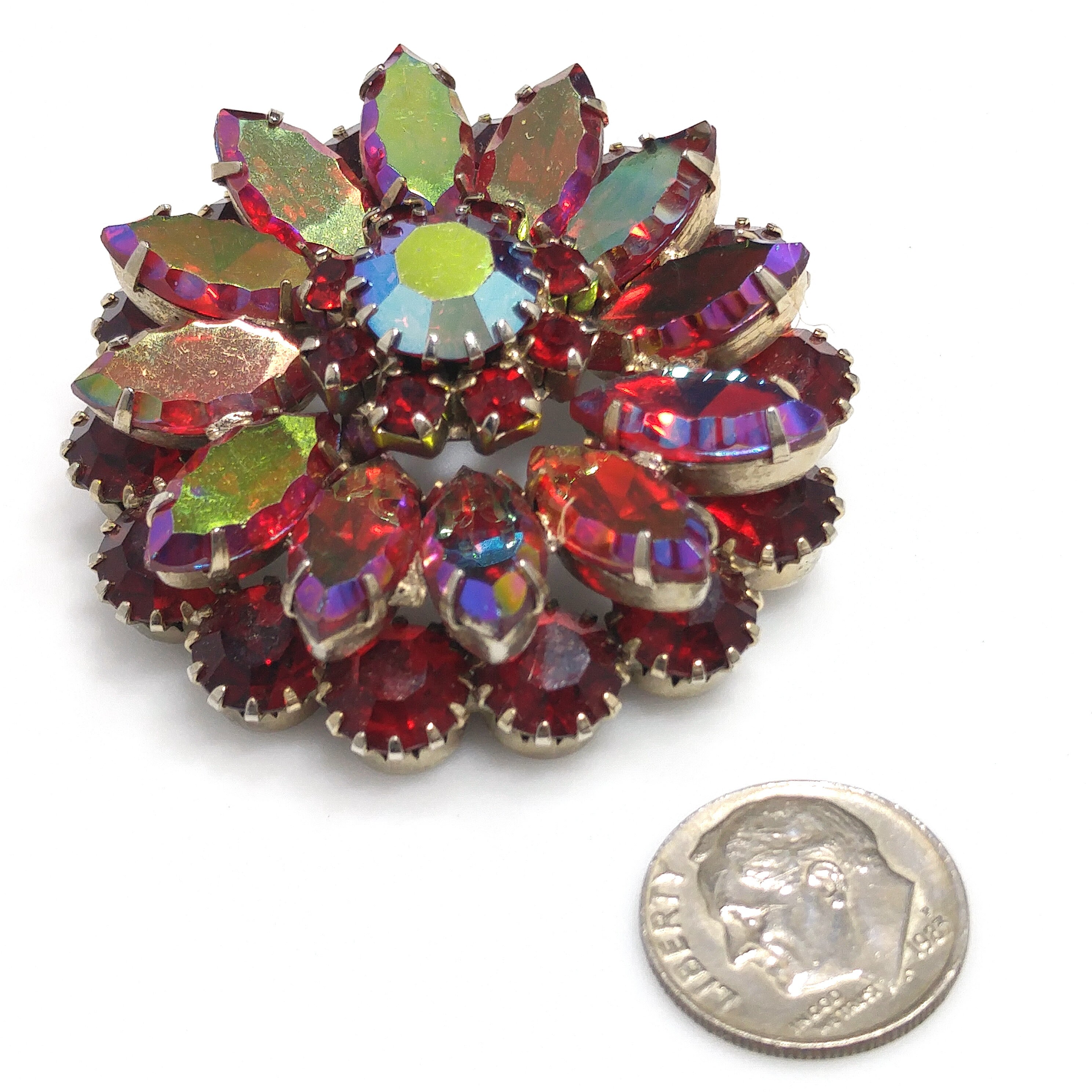 Red Rhinestone Floral Brooch, Aurora Borealis, 1960s Vintage
